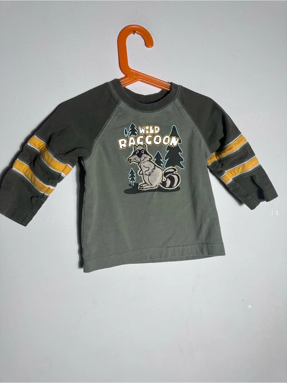 Vintage Cherokee Olive Long-Sleeve Tee with Raccoon Graphic & Yellow Stripes